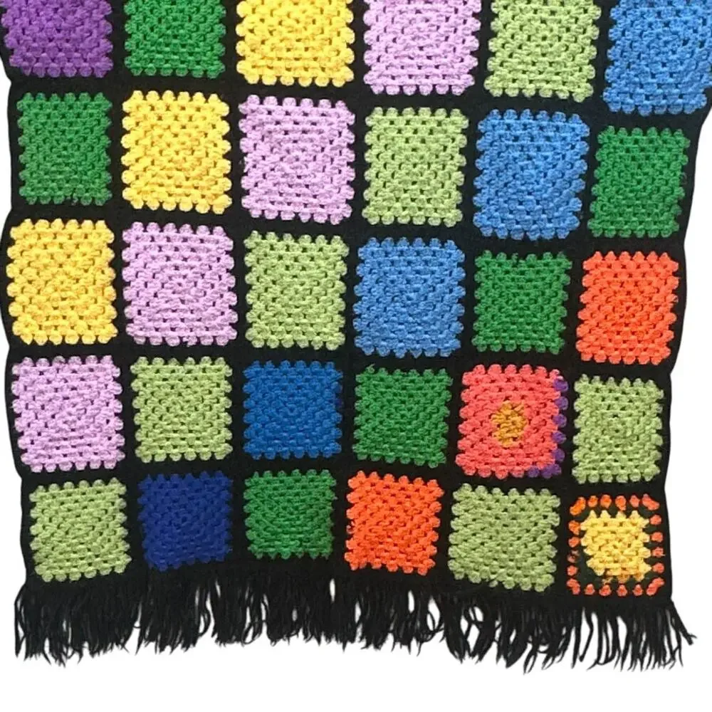 VTG Handmade Afghan Throw Blanket Roseanne Boho Fringe Black 73x35 OOAK Hippie